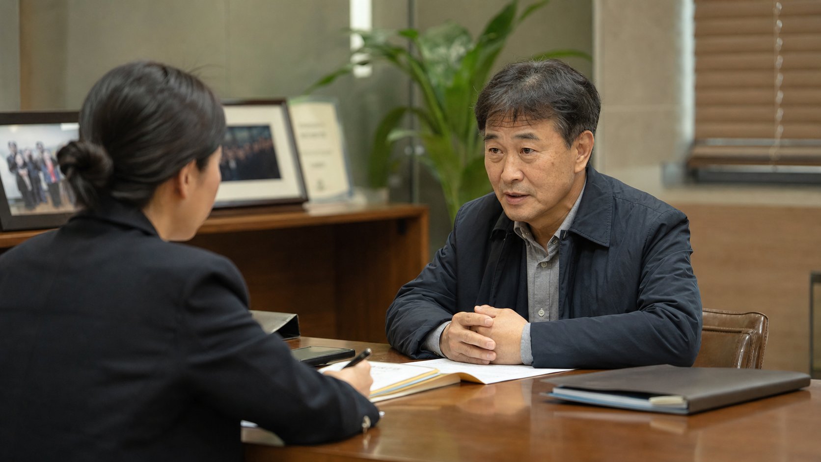 공익 단체 담당자와 유산 기부 절차를 상담하는 유족