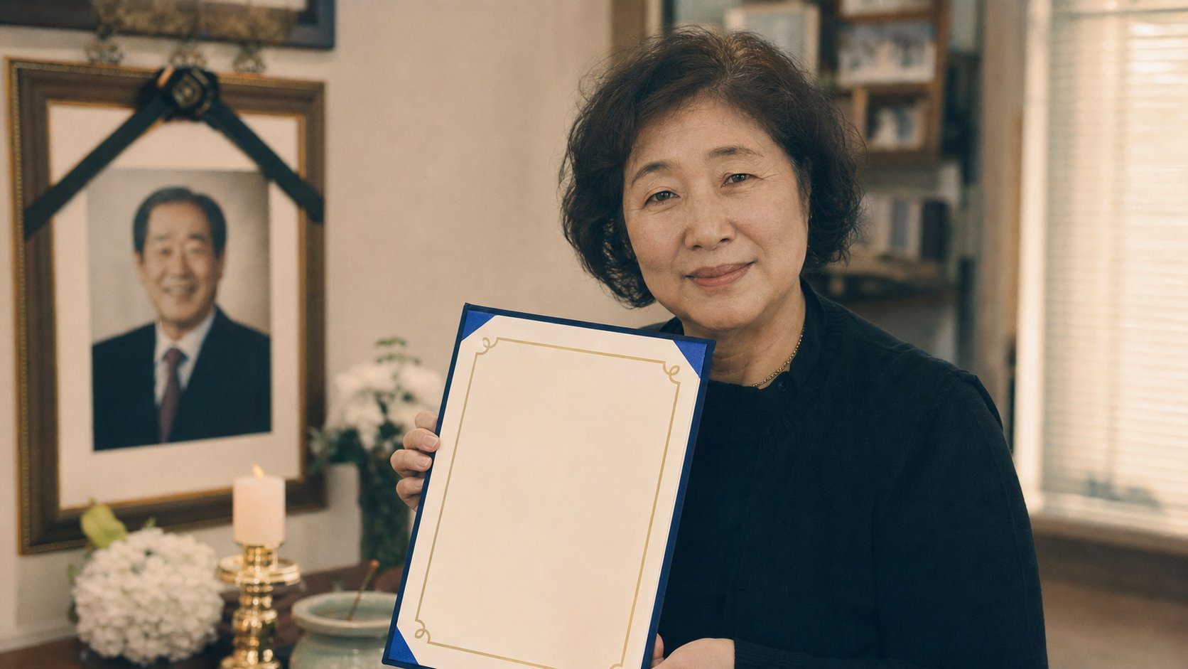고인의 뜻을 기리며 기부 증서를 받아 든 유족