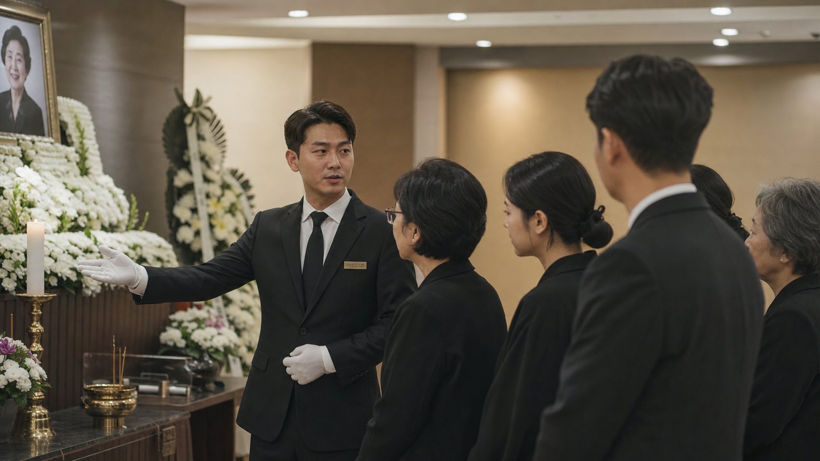 빈소에서 유가족에게 장례 절차를 안내하는 장례지도사