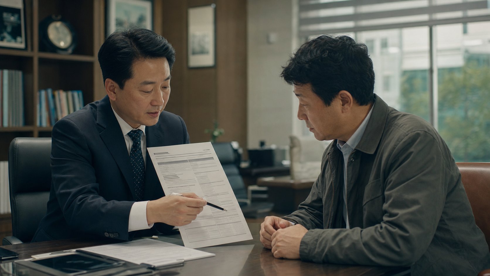 고객에게 장례보험 약관과 보험금 지급 구조를 설명하는 보험 설계사