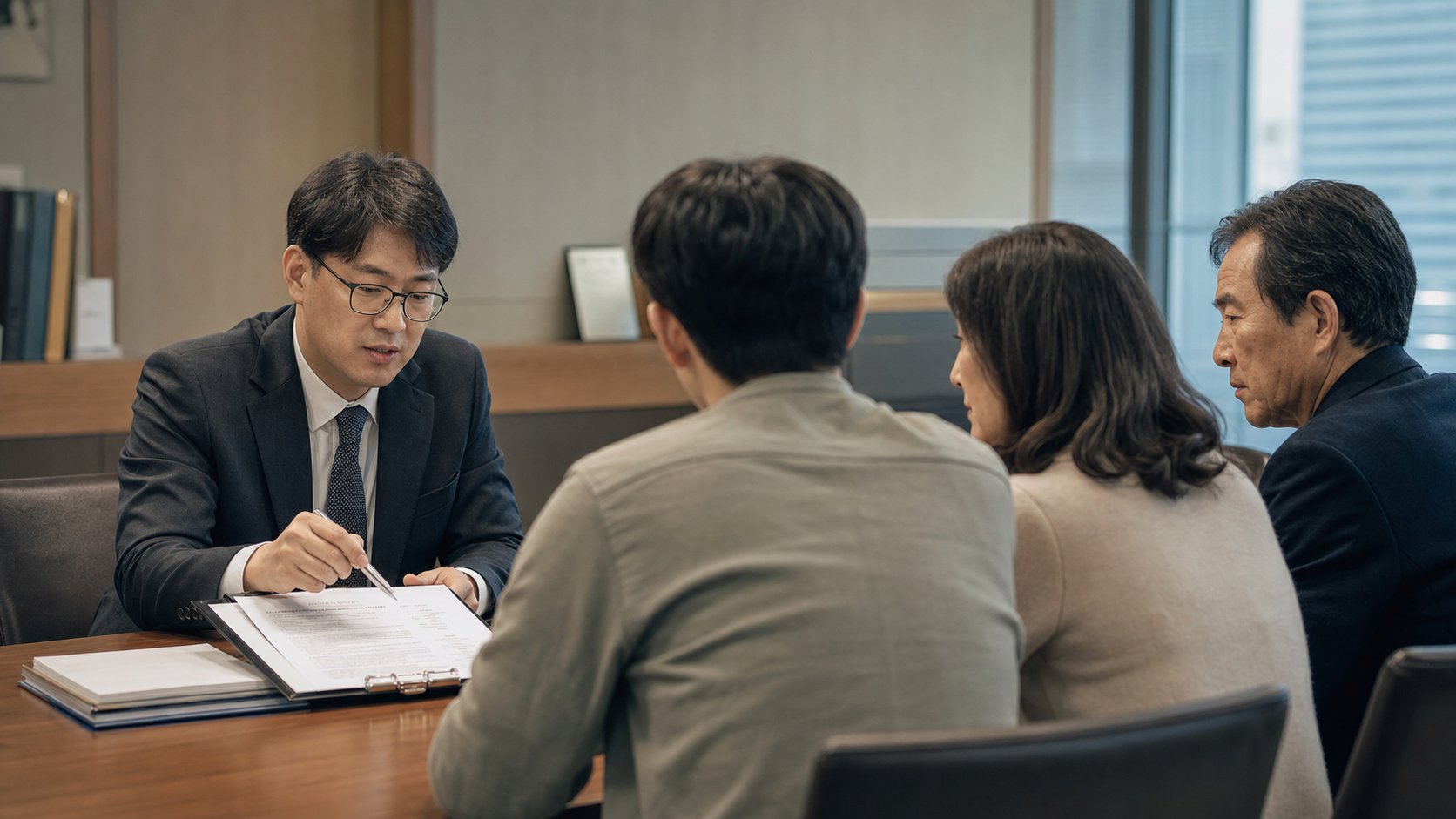전문가가 가족에게 상속재산 분할협의서 작성을 설명하고 상담하는 모습