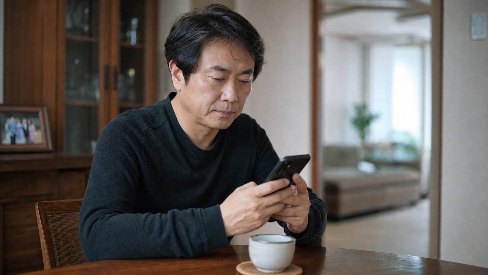 장례를 마친 뒤 집에서 위로에 감사 답장을 보내는 모습