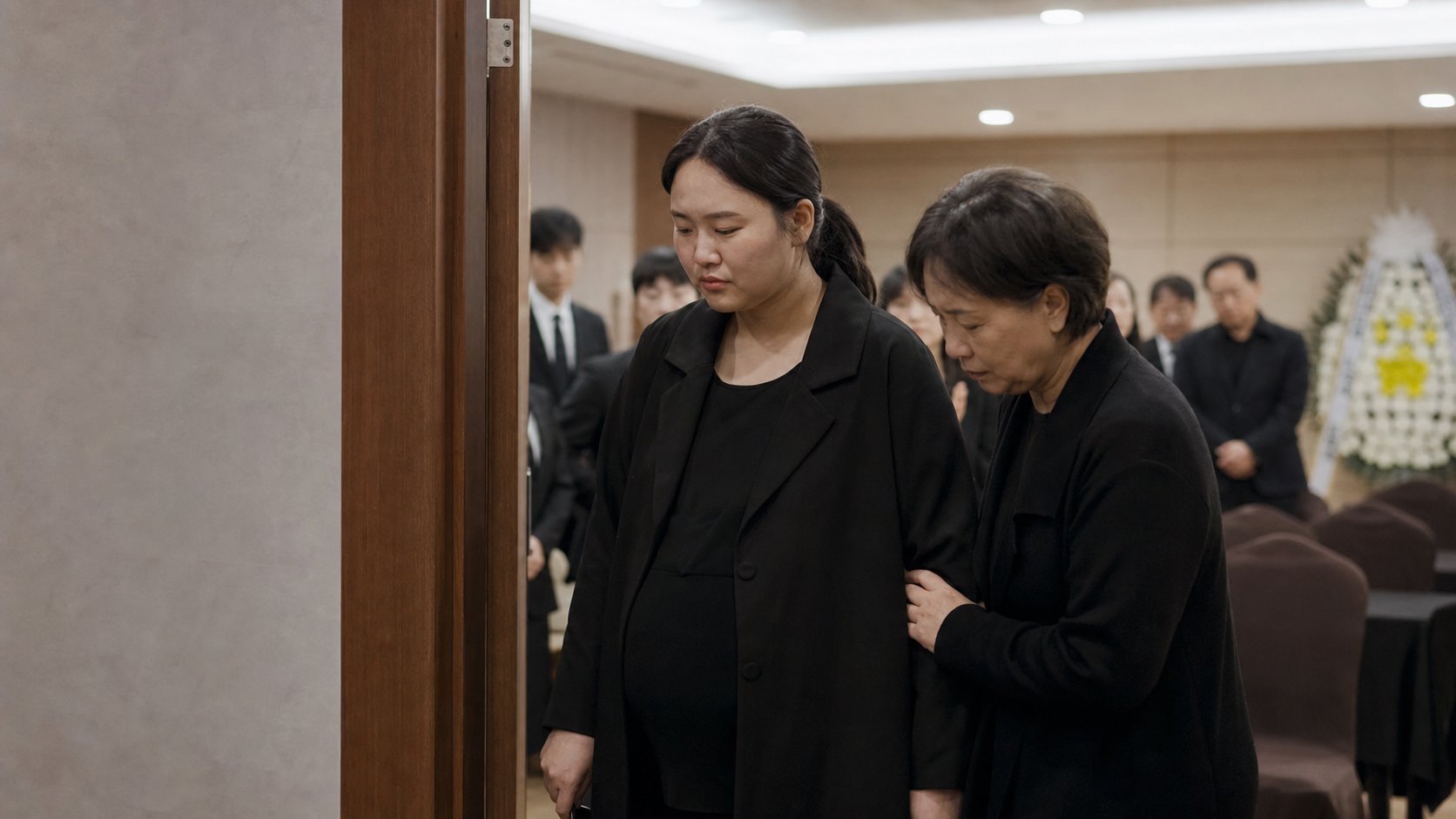 임산부가 가족과 함께 조심스럽게 빈소에 들어서는 모습