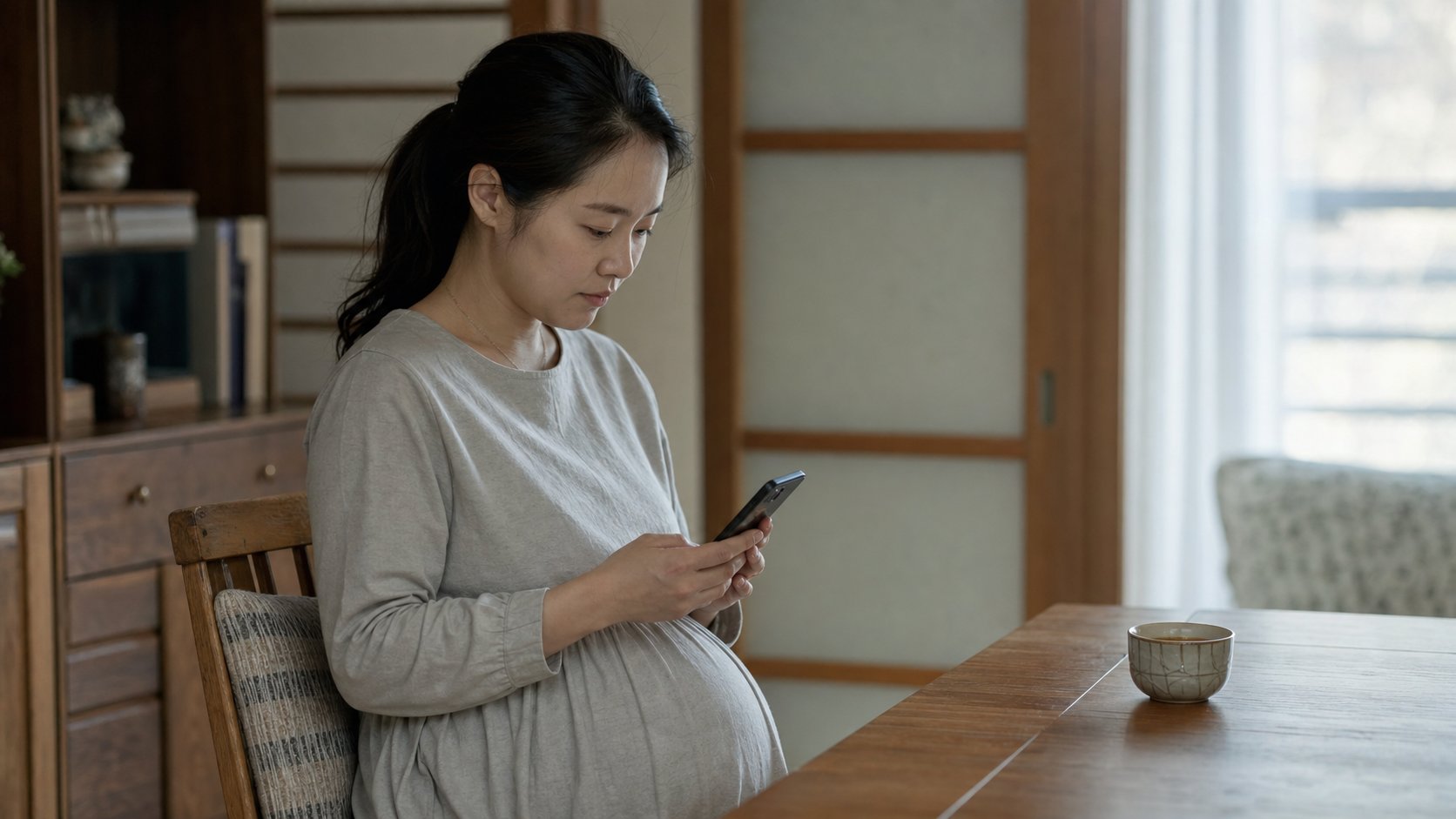 임산부가 집에서 조의 문자와 송금을 준비하며 위로를 전하는 모습