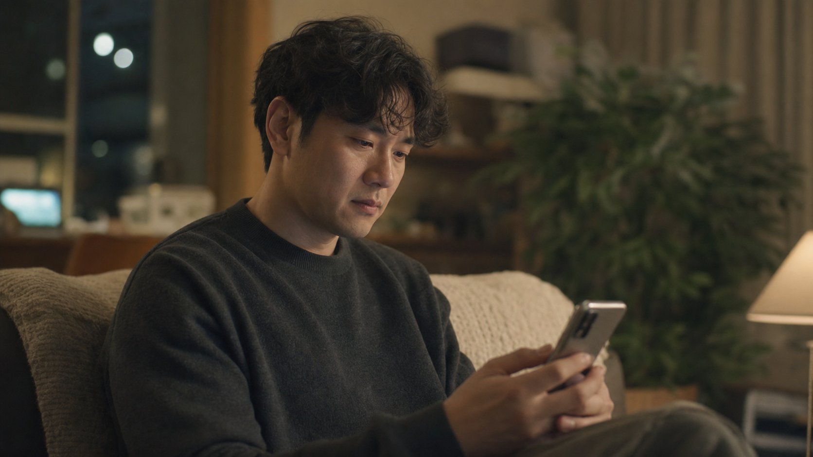 멀리 있는 친구가 휴대폰으로 조의 문자와 송금을 보내는 모습