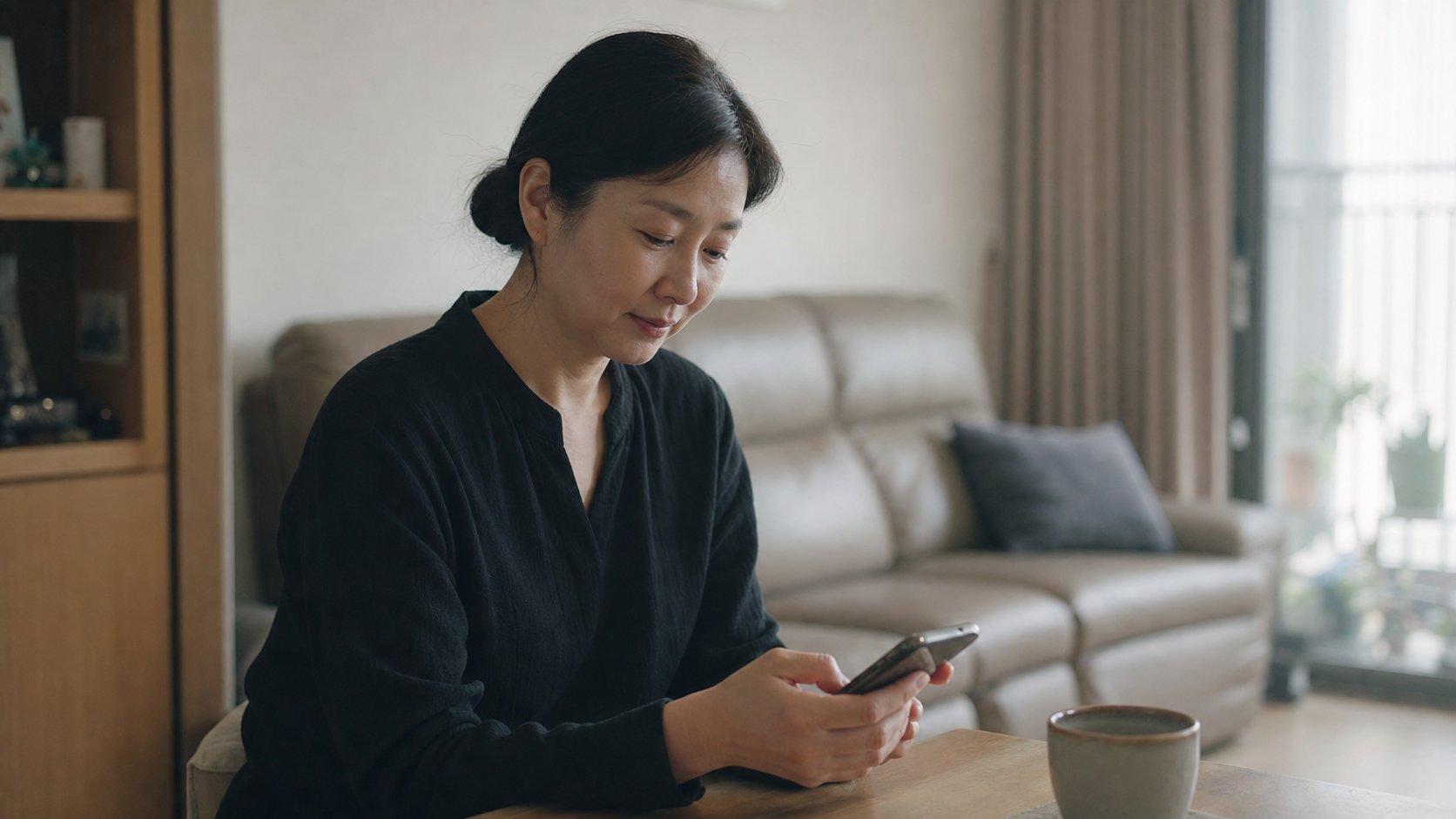 장례를 마친 유족이 집에서 답례 문자를 작성하는 모습