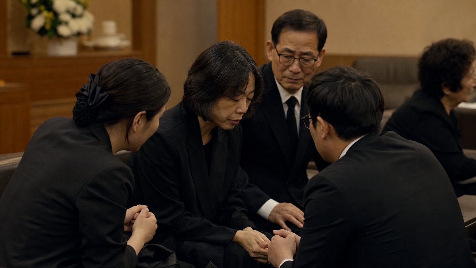 가족들이 빈소 한쪽에서 인사말을 함께 다듬으며 의논하는 모습