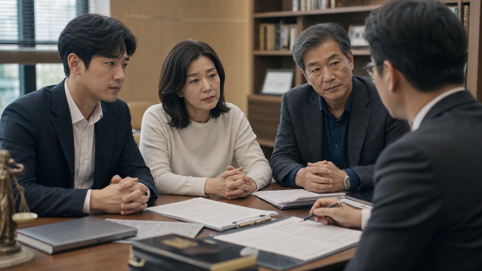 가족이 변호사 사무실에서 유언 관련 서류를 놓고 상담하는 모습