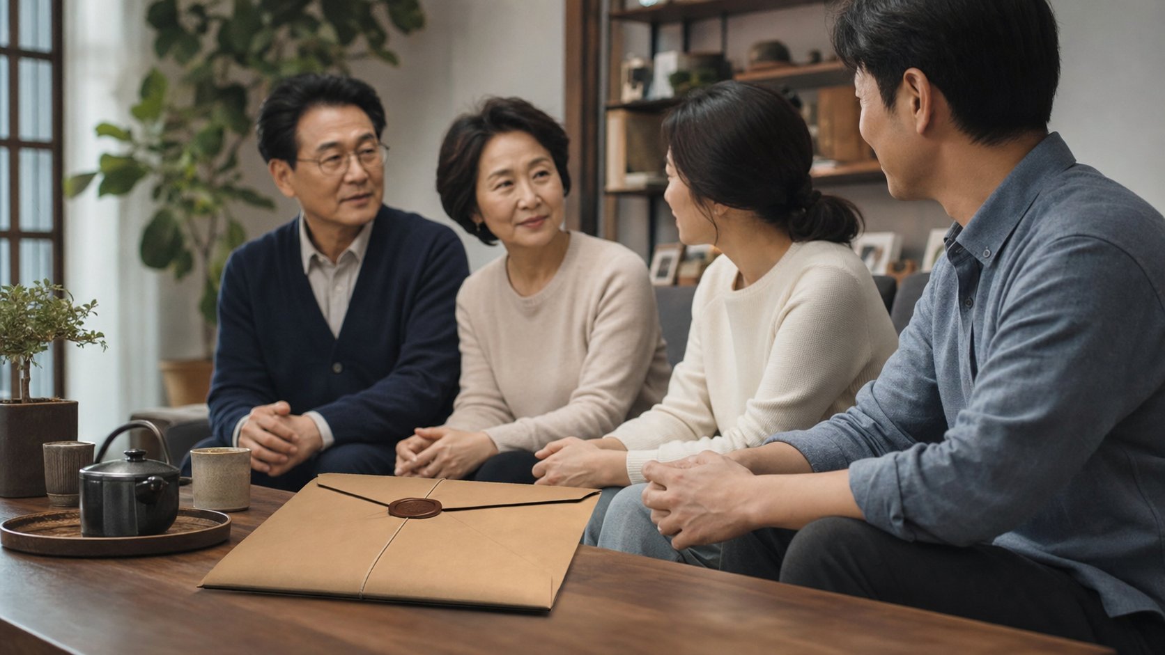 보관된 유언장 봉투와 함께 가족이 평온하게 대화하는 모습
