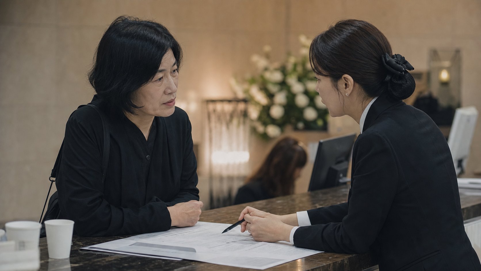 유족이 장례식장 담당자와 식대와 음식 사항을 상담하는 모습