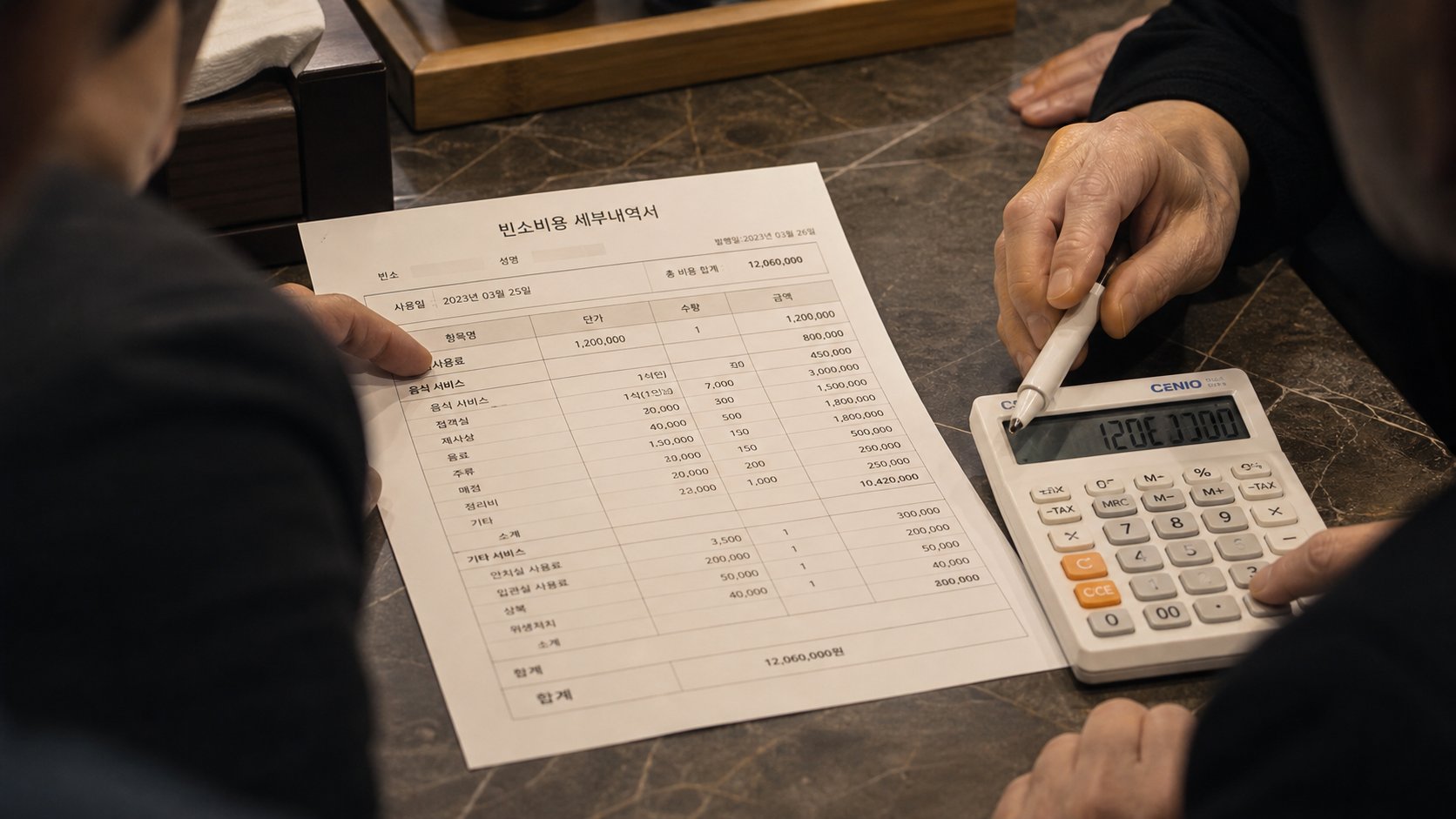 장례식장 정산서와 계산기로 식대를 확인하는 손