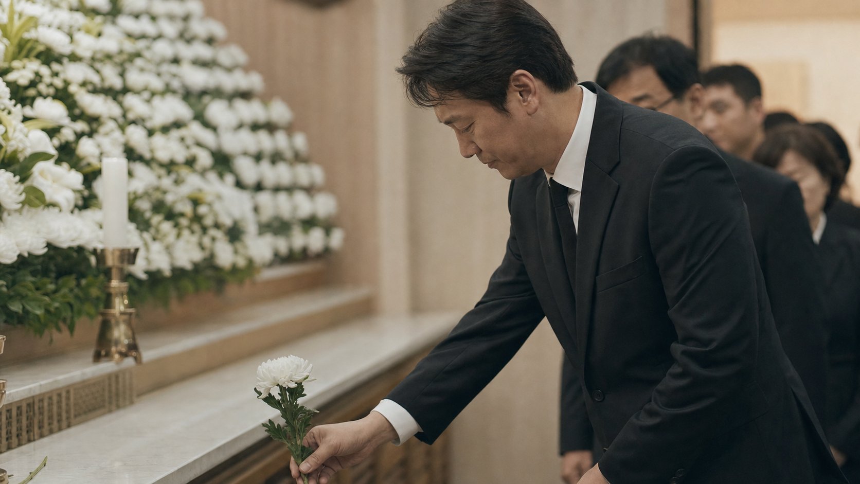 조문객이 국화를 영정 앞에 헌화하며 고개를 숙이는 모습