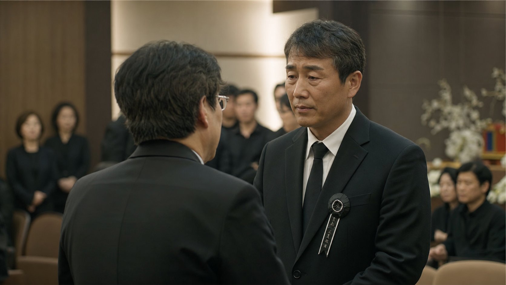 조문객이 상주와 마주하여 정중히 위로의 인사를 나누는 모습