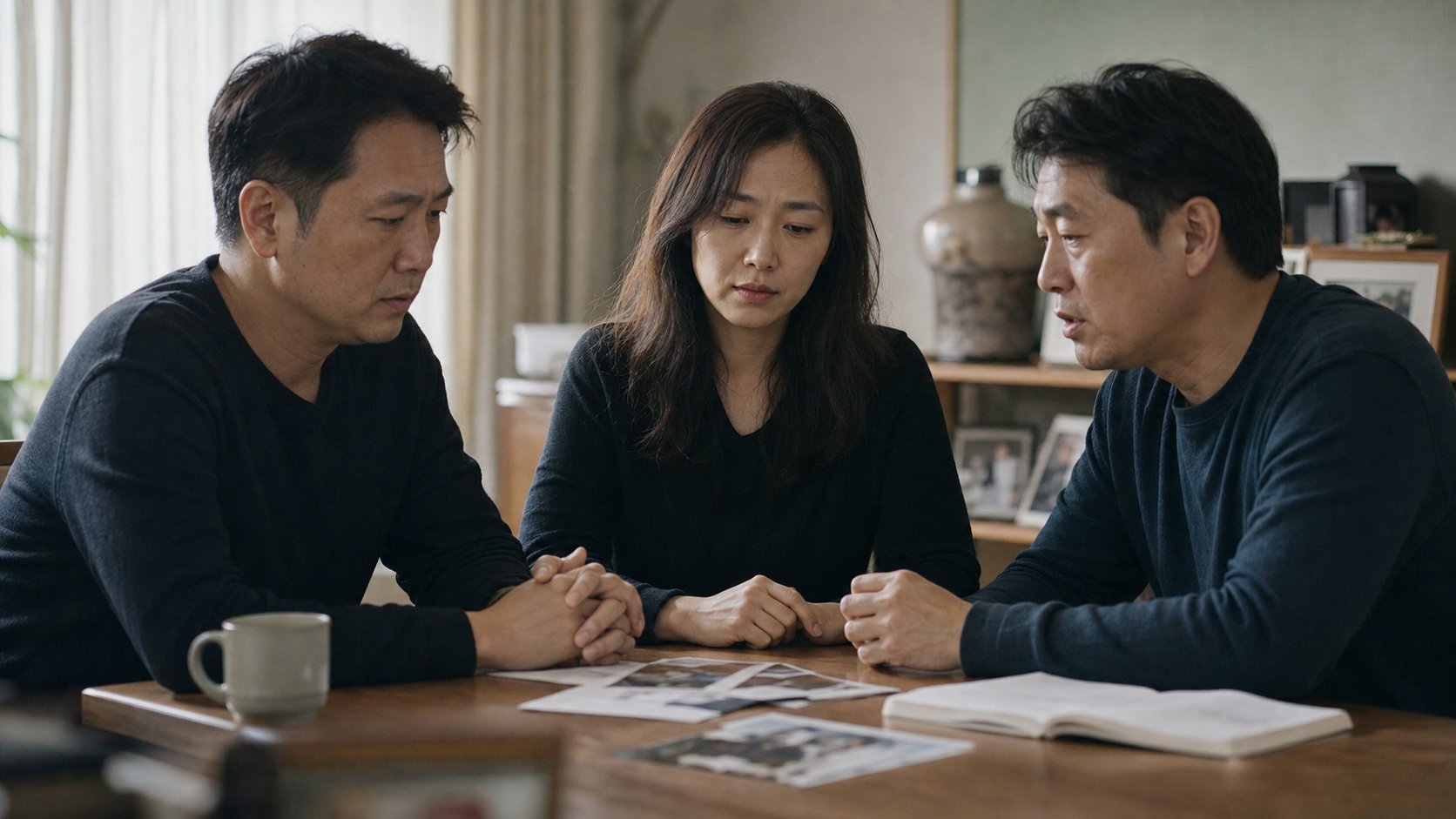 형제 가족이 둘러앉아 고인을 어떻게 모실지 의논하는 모습