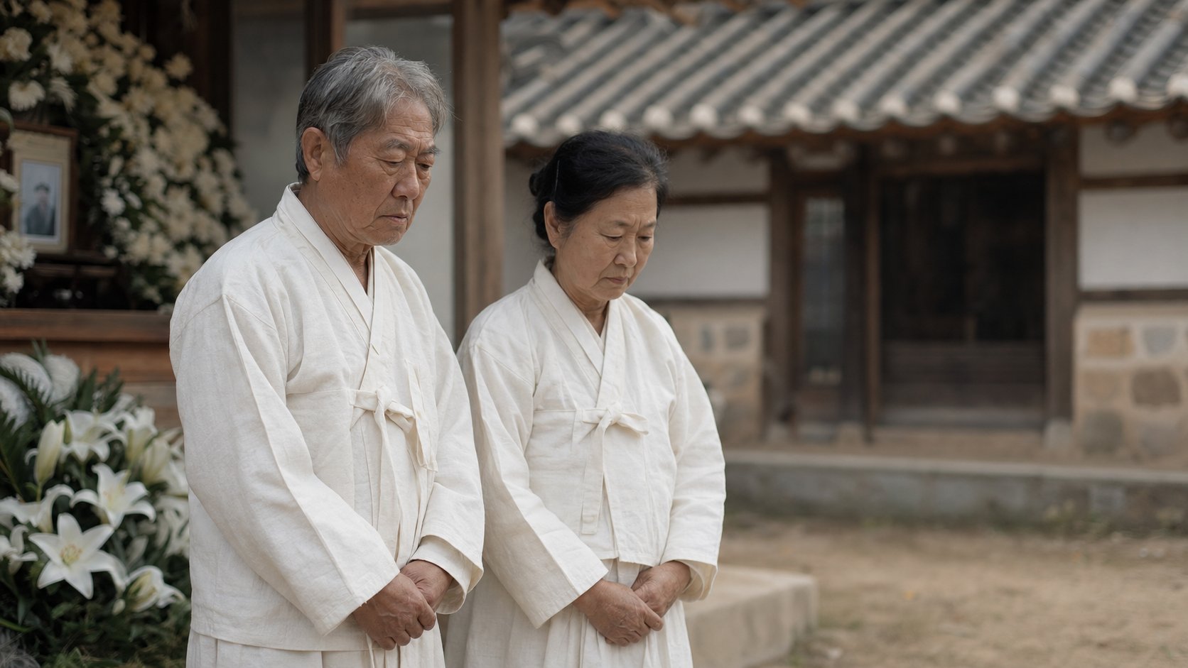 전통 상복을 입고 고인을 추모하는 가족