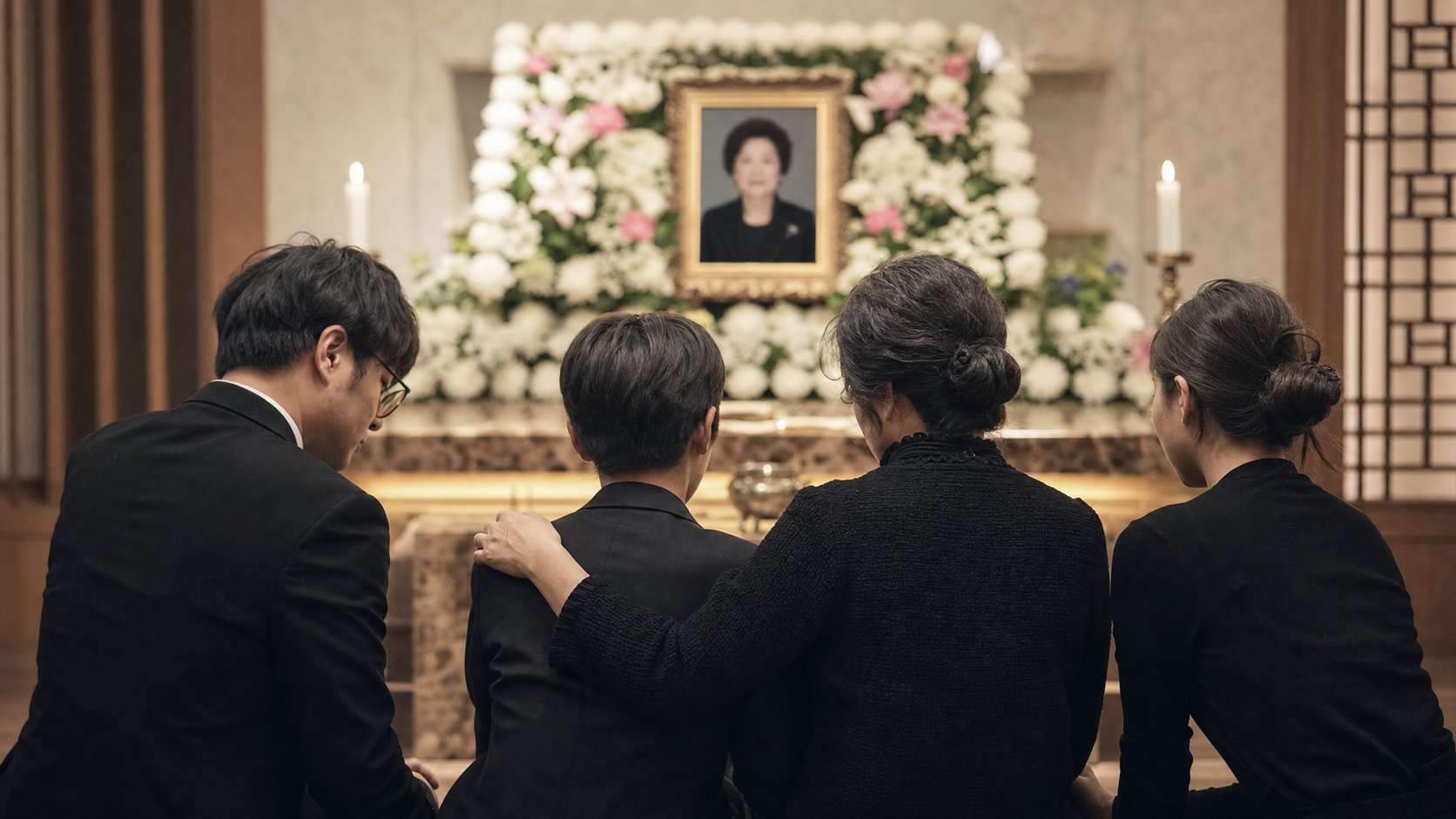 현대식 빈소에서 영정을 바라보며 추모하는 가족