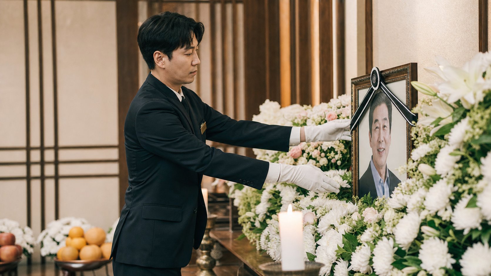 빈소 제단에 검은 리본 두른 영정을 모시는 직원
