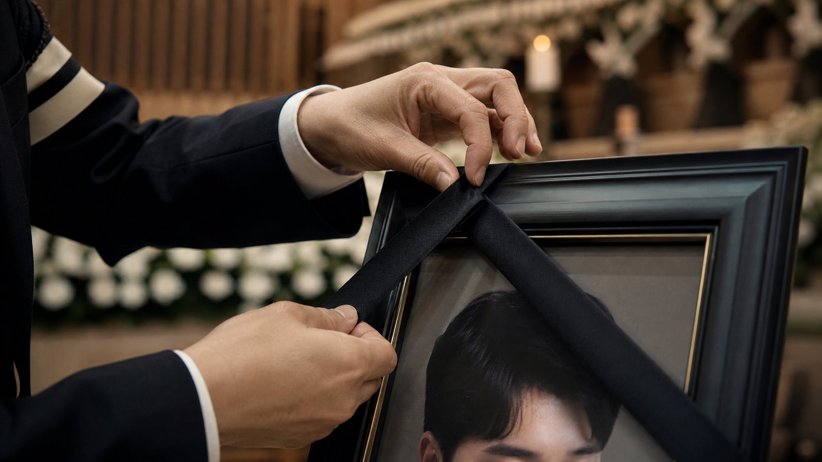 영정 액자에 검은 리본을 두르는 장례지도사의 손