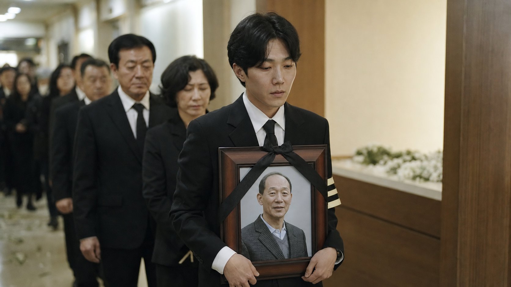 검은 리본 두른 영정을 품에 안고 운구하는 가족