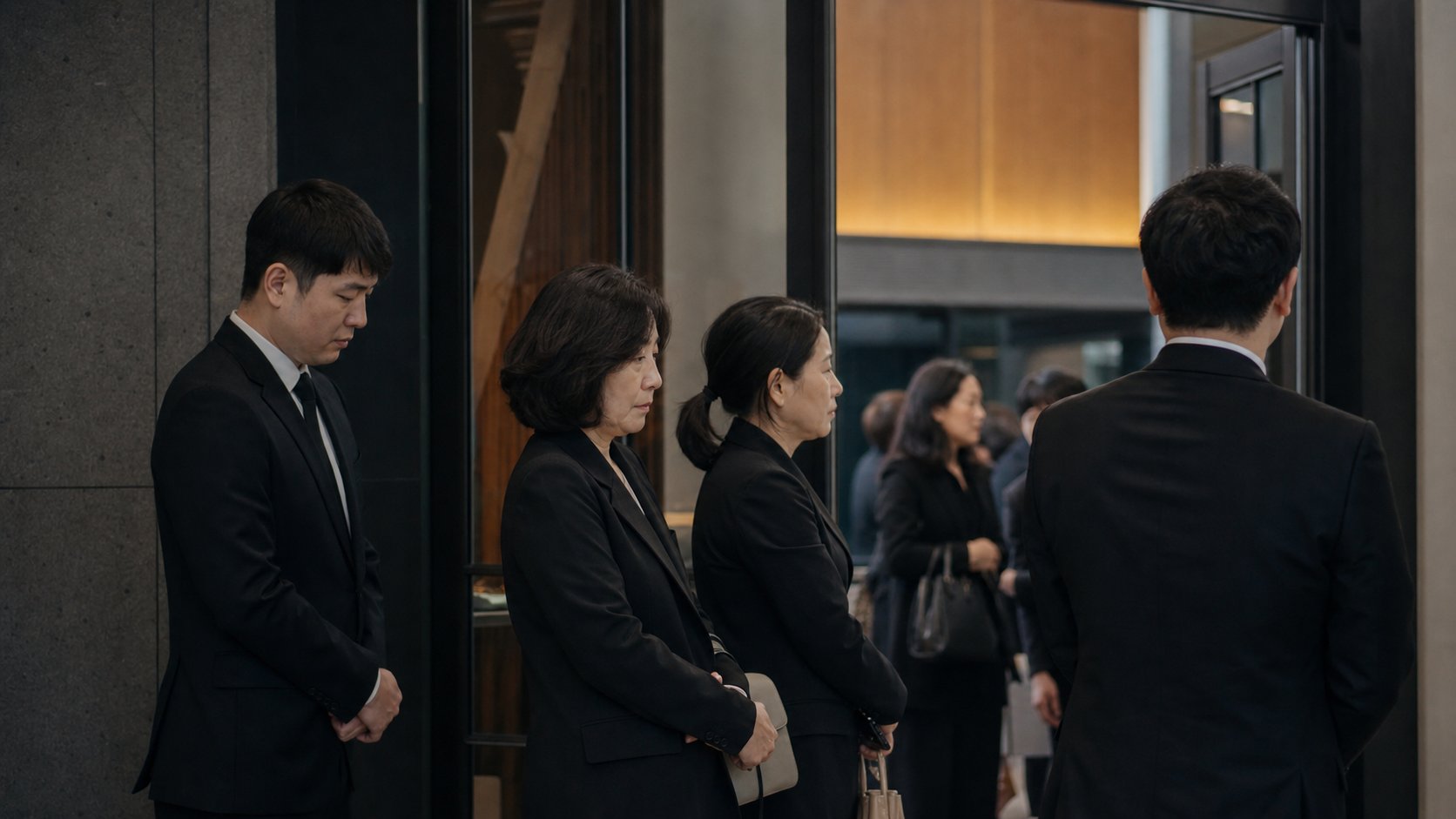 빈소 입구에서 조용히 예를 갖추는 조문객들