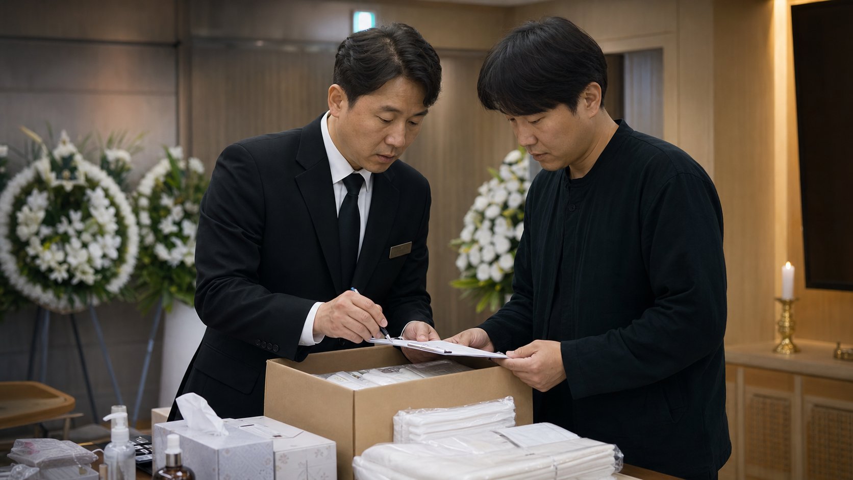 비품과 물품을 함께 점검하는 장례지도사와 유가족