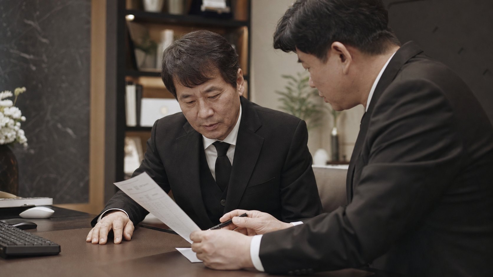 사무실에서 정산서를 항목별로 살펴보는 상주