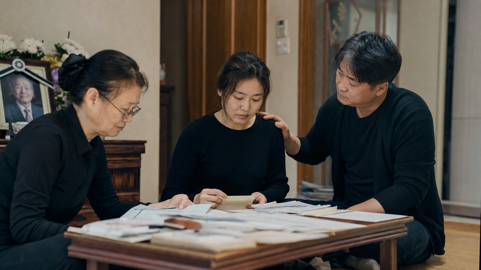 장례를 마치고 서류를 정리하며 서로 다독이는 가족