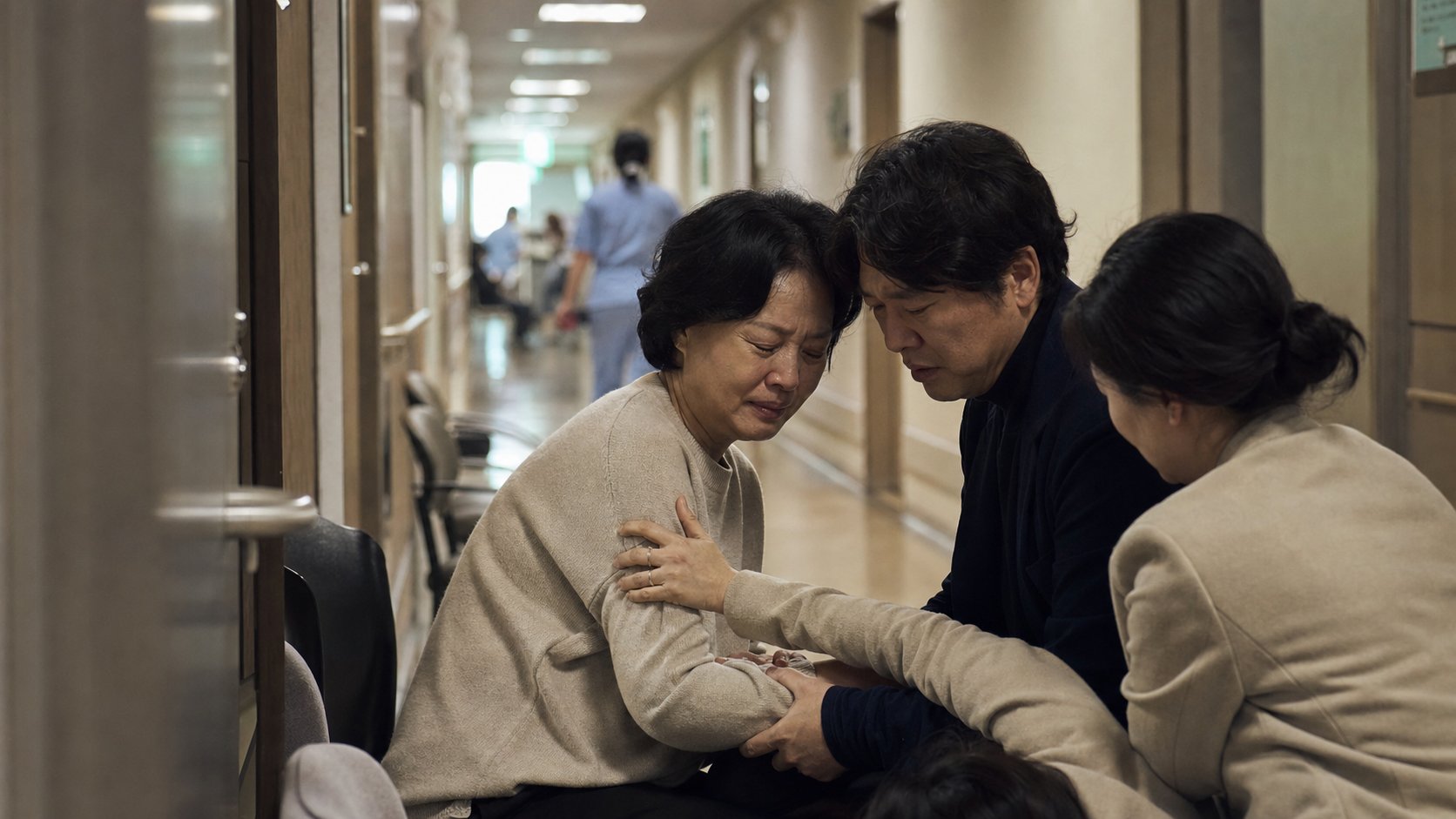 병원 복도에서 서로 위로하며 다음 절차를 의논하는 가족