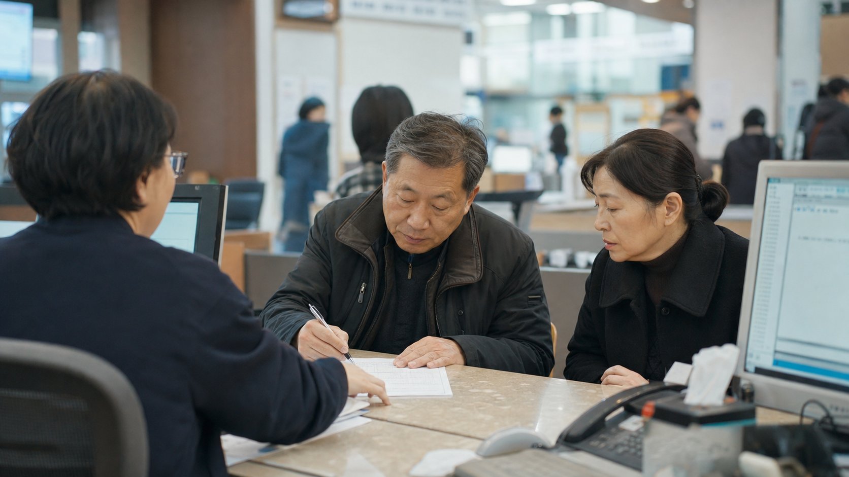 행정복지센터에서 사망신고 서류를 작성하는 가족