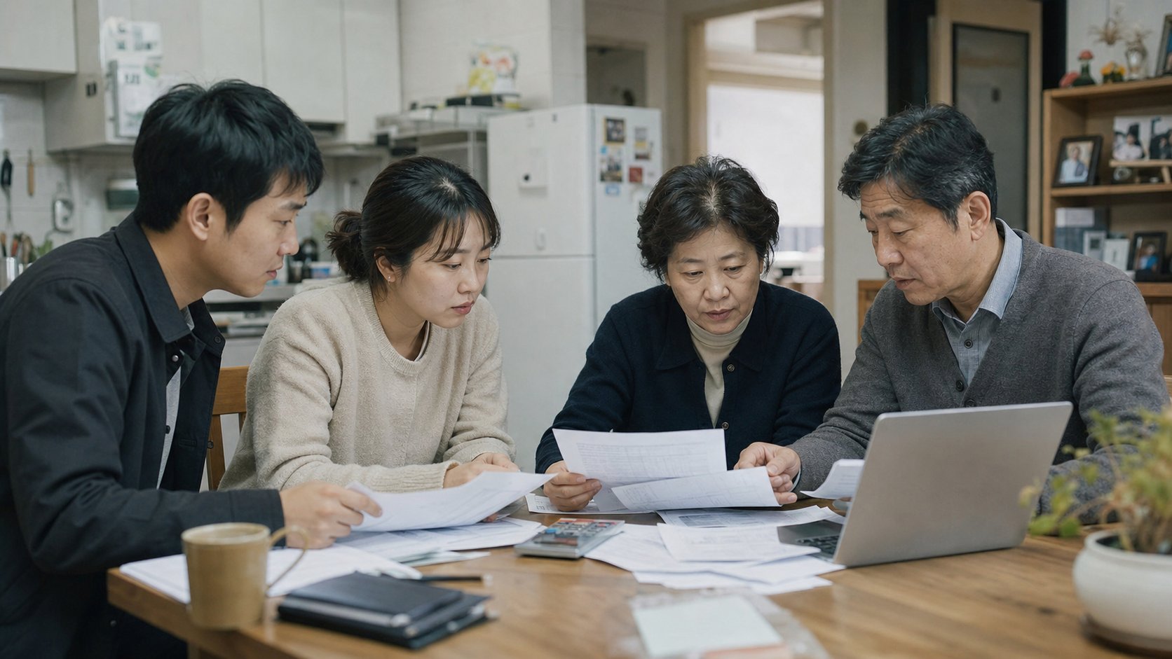 집에서 서류와 노트북으로 고인의 행정 정리를 진행하는 가족