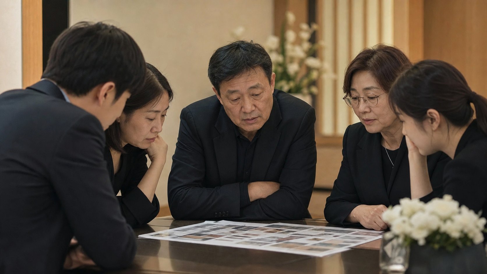 장례용품 가격표를 함께 보며 의논하는 가족