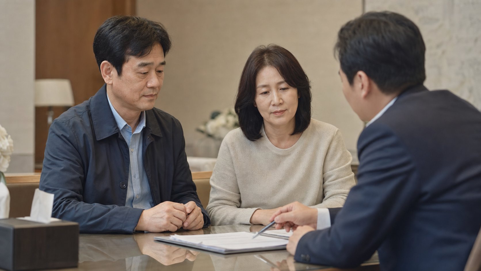 사전 상담을 받으며 장례 준비를 계획하는 부부