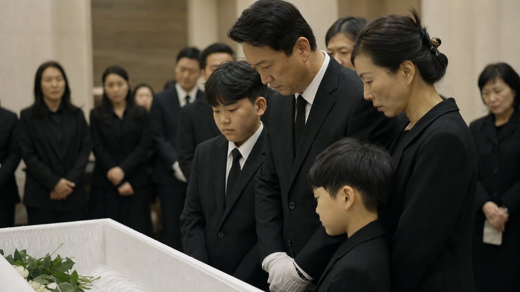 검은 상복을 입고 입관 절차를 지켜보는 가족