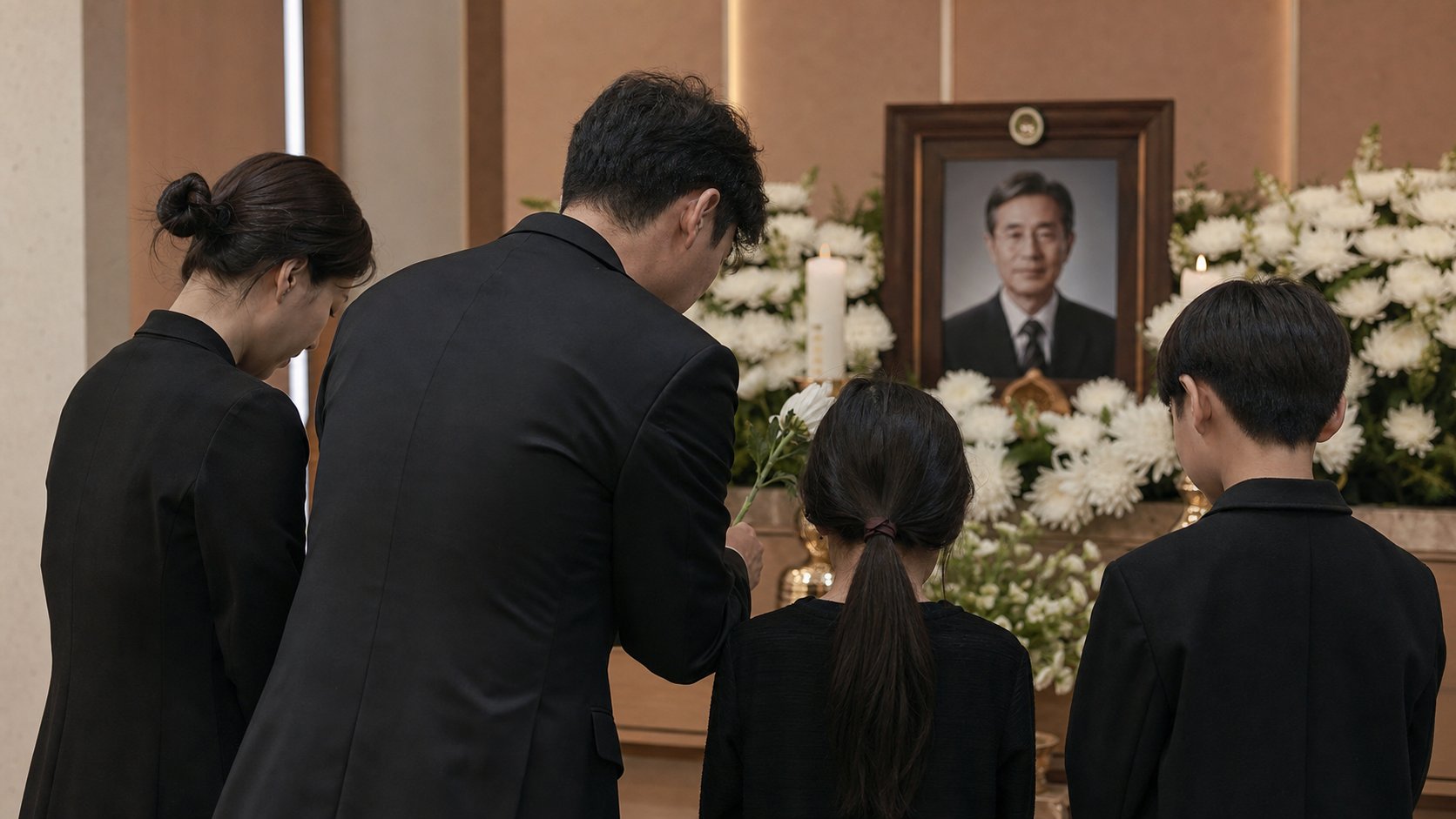 영정 앞에 흰 국화를 올리며 고인을 추모하는 가족