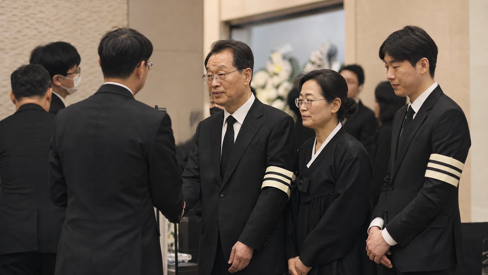검은 정장과 완장을 한 유족이 조문객을 맞이하는 현대 빈소