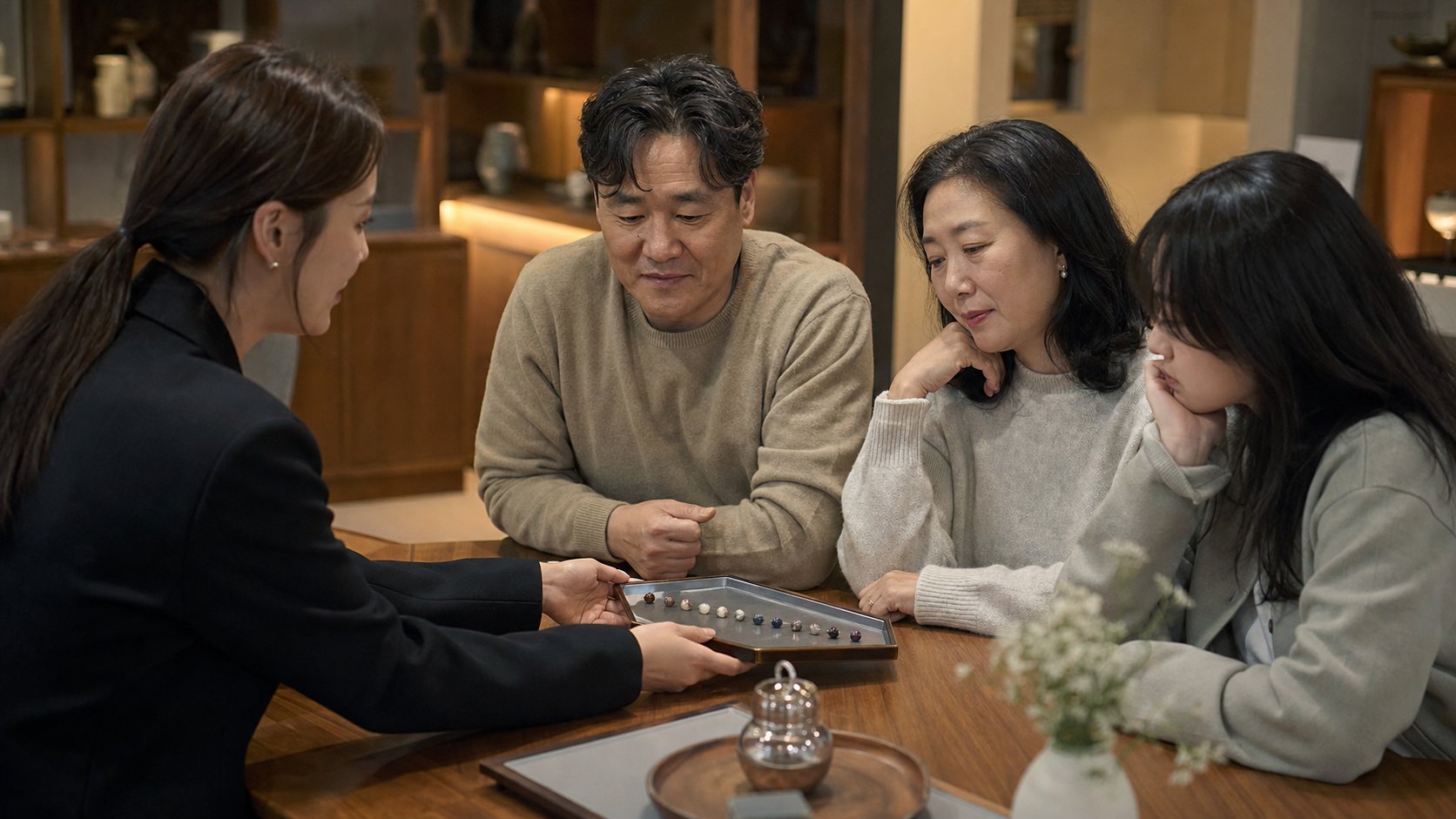 추모 보석 제작을 상담하며 샘플을 살펴보는 가족