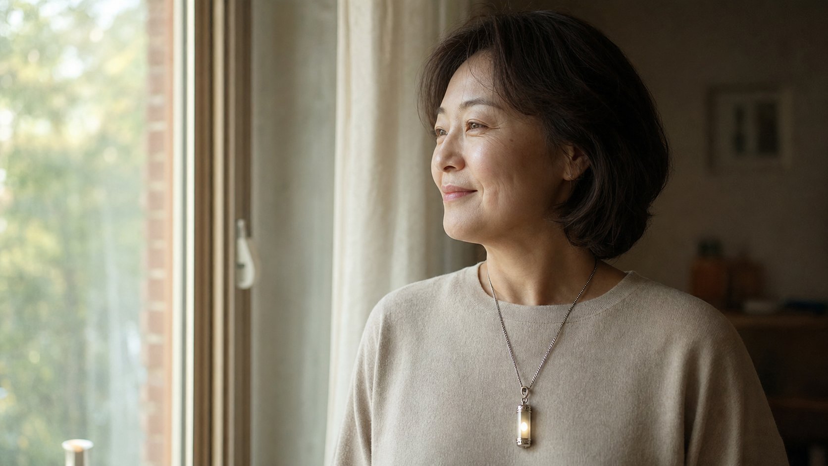 추모 보석 펜던트를 걸고 고인을 떠올리는 사람