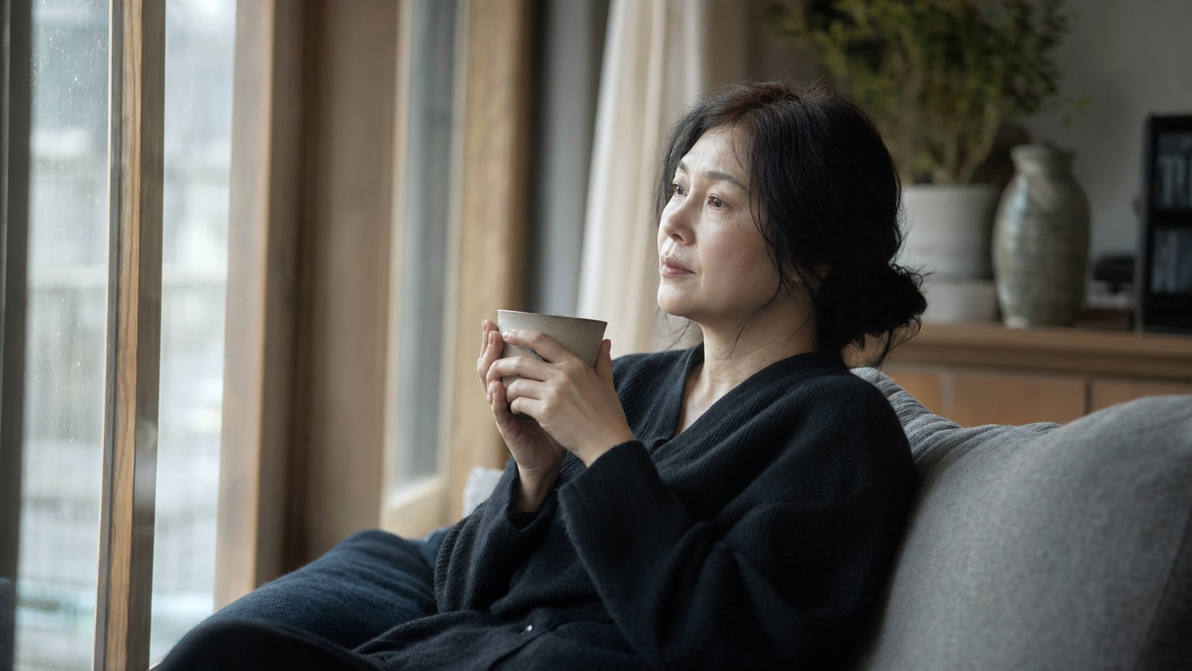 조문 후 창가에서 따뜻한 차를 마시며 쉬는 모습
