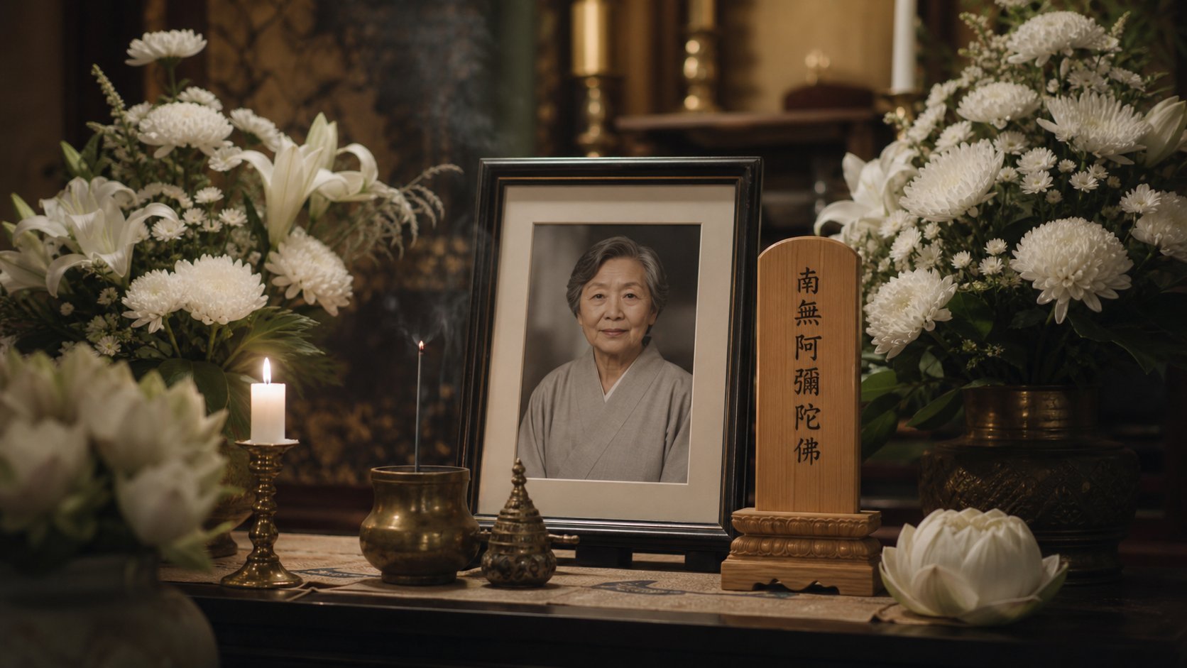 흰 국화와 연꽃으로 장식된 불교식 제단과 영정