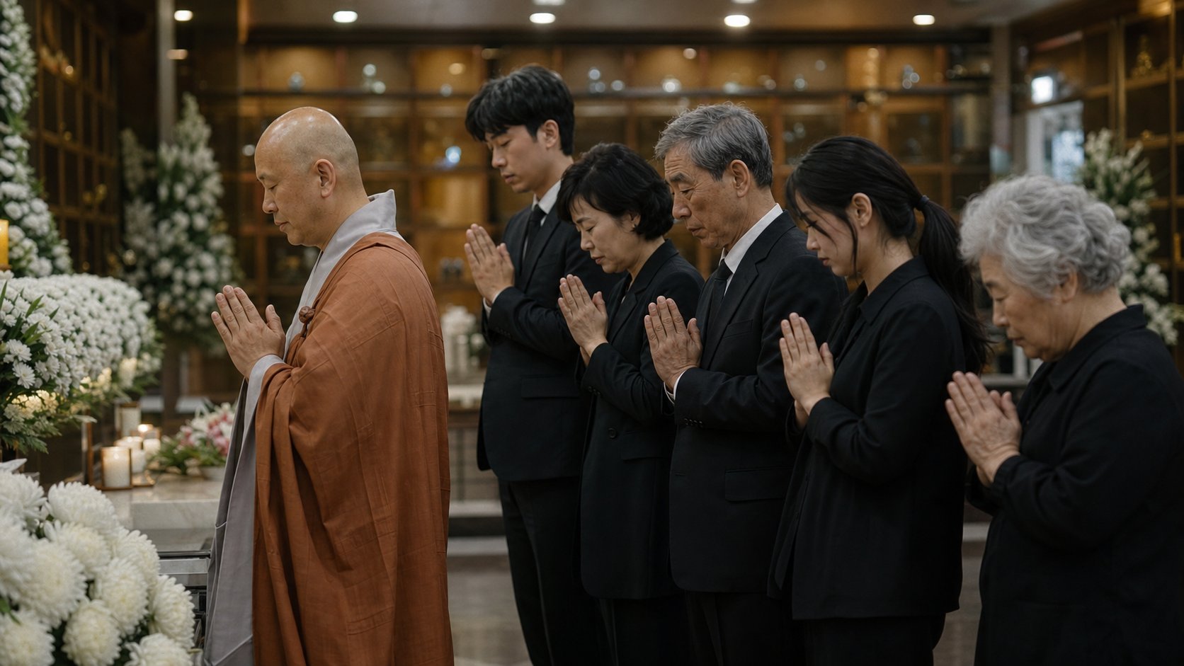스님과 유족이 함께 합장하며 고인을 기리는 불교식 장례