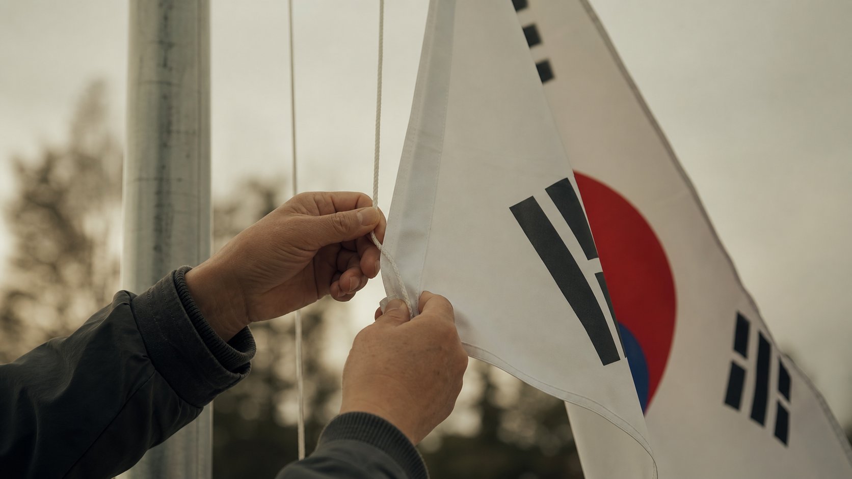 게양대 줄을 잡고 태극기를 다루는 손
