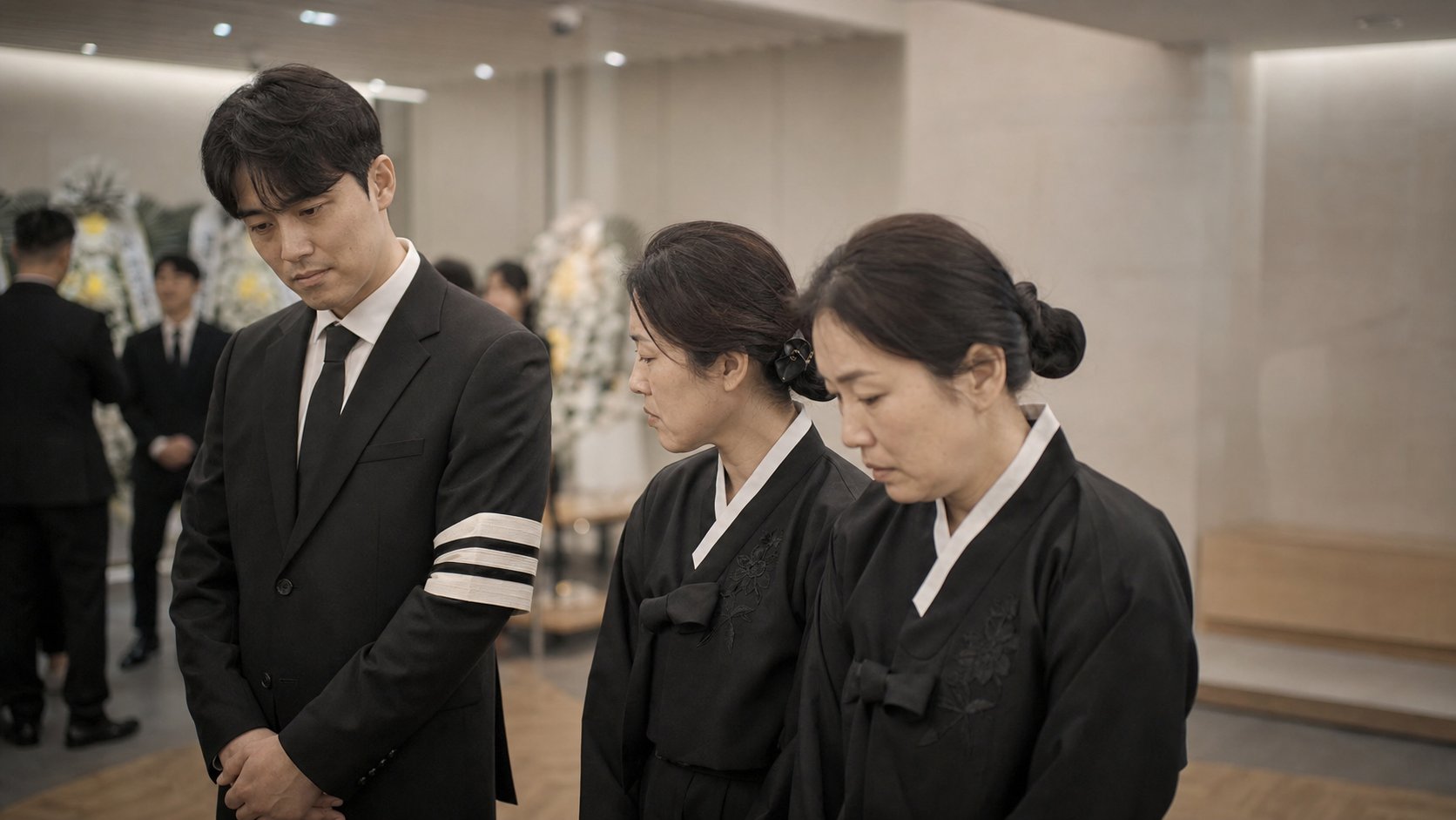 검은 정장에 삼베 완장을 두른 상주와 한복형 상복을 입은 유족