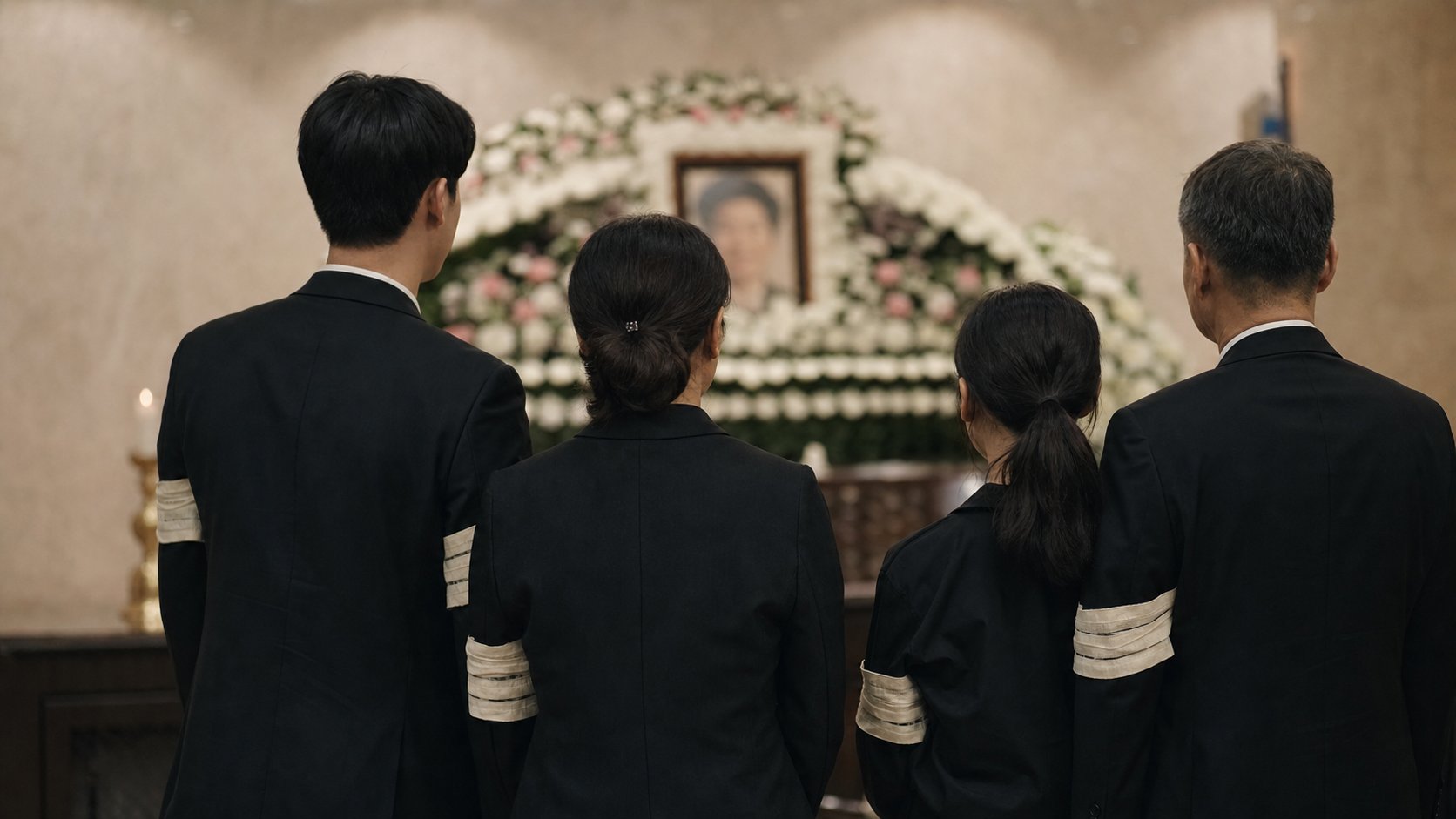 검은 상복과 완장을 갖춘 유족이 영정 앞에서 추모하는 모습