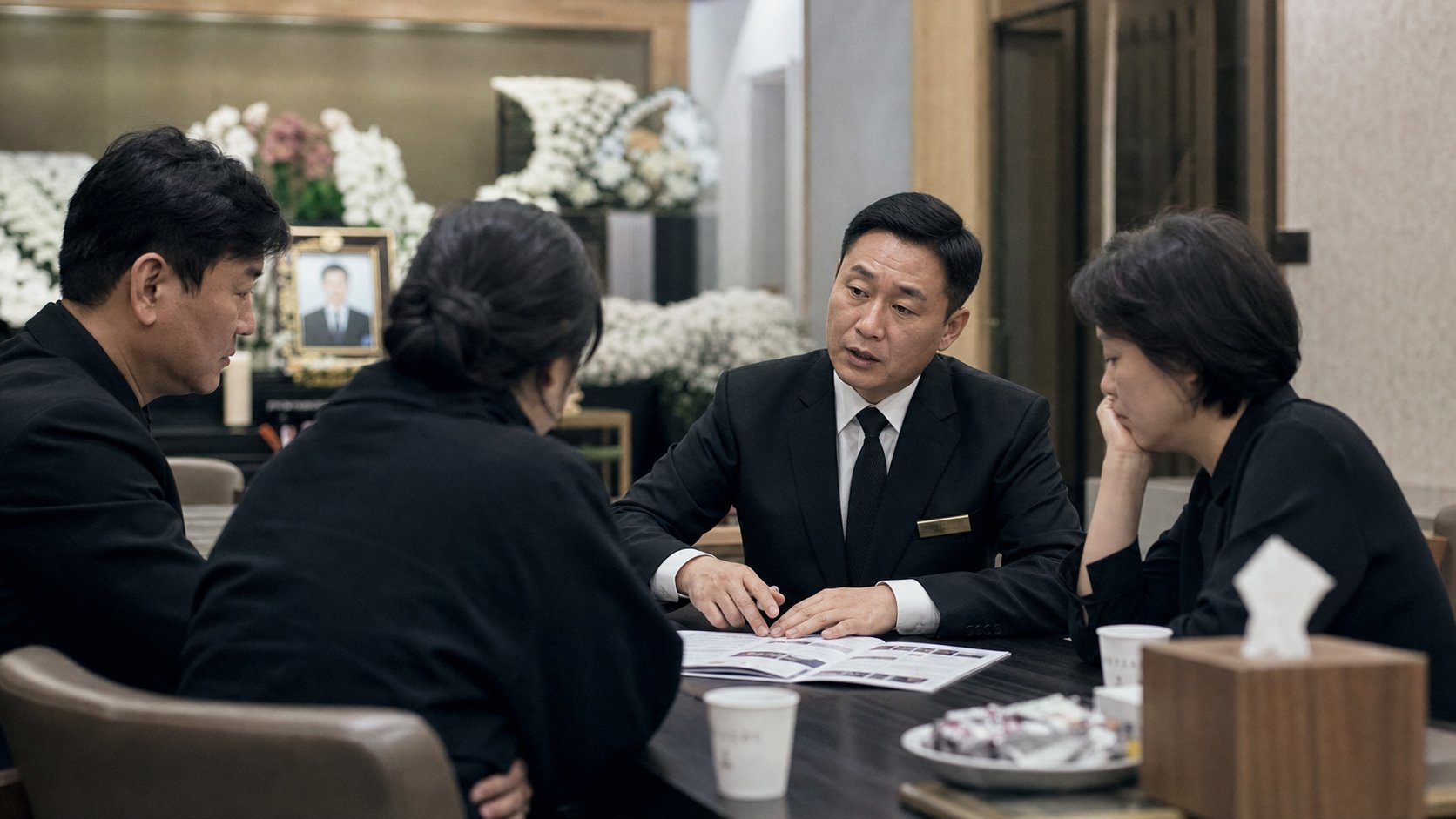 현대 장례식장 빈소에서 장례지도사가 유가족에게 장례 절차를 설명하는 상담 장면