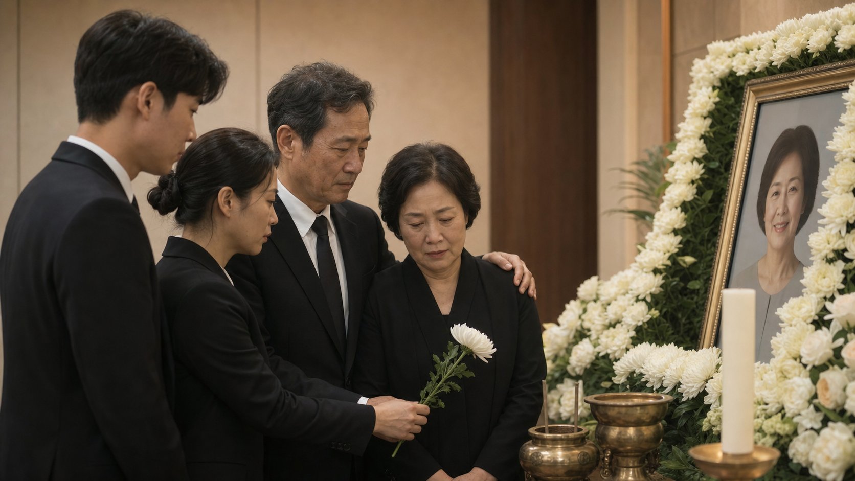 빈소에 모셔진 영정 앞에서 가족이 흰 국화로 헌화하며 작별 인사를 나누는 장면