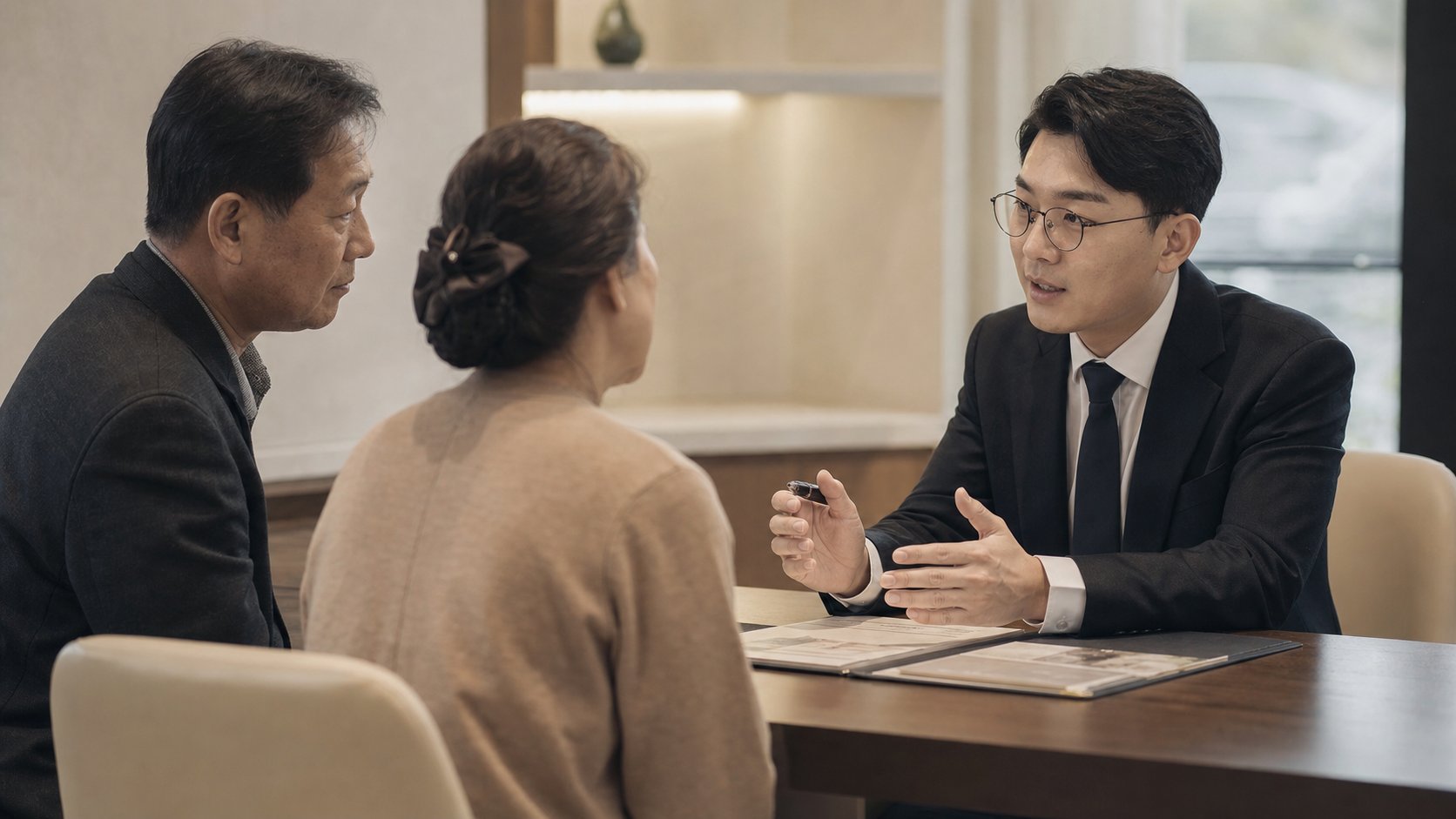 현대 상조 상담 창구에서 직원이 가족에게 상조 상품을 설명하는 장면
