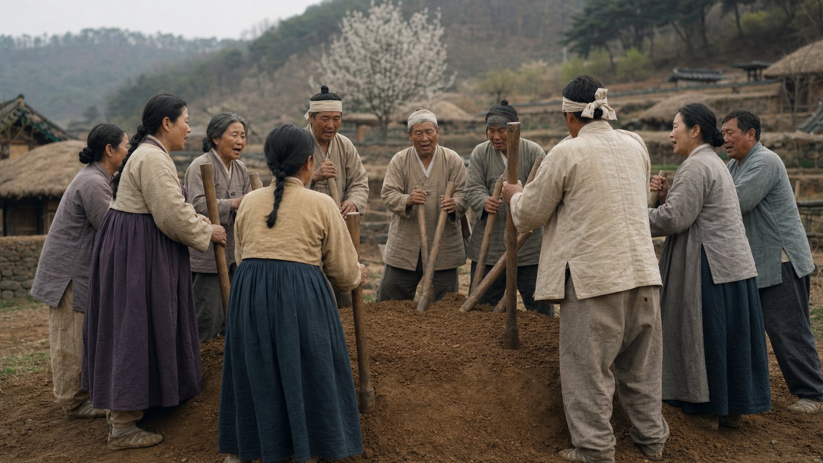 봉분을 다지며 둥글게 모인 마을 사람들이 달구소리를 부르는 장면