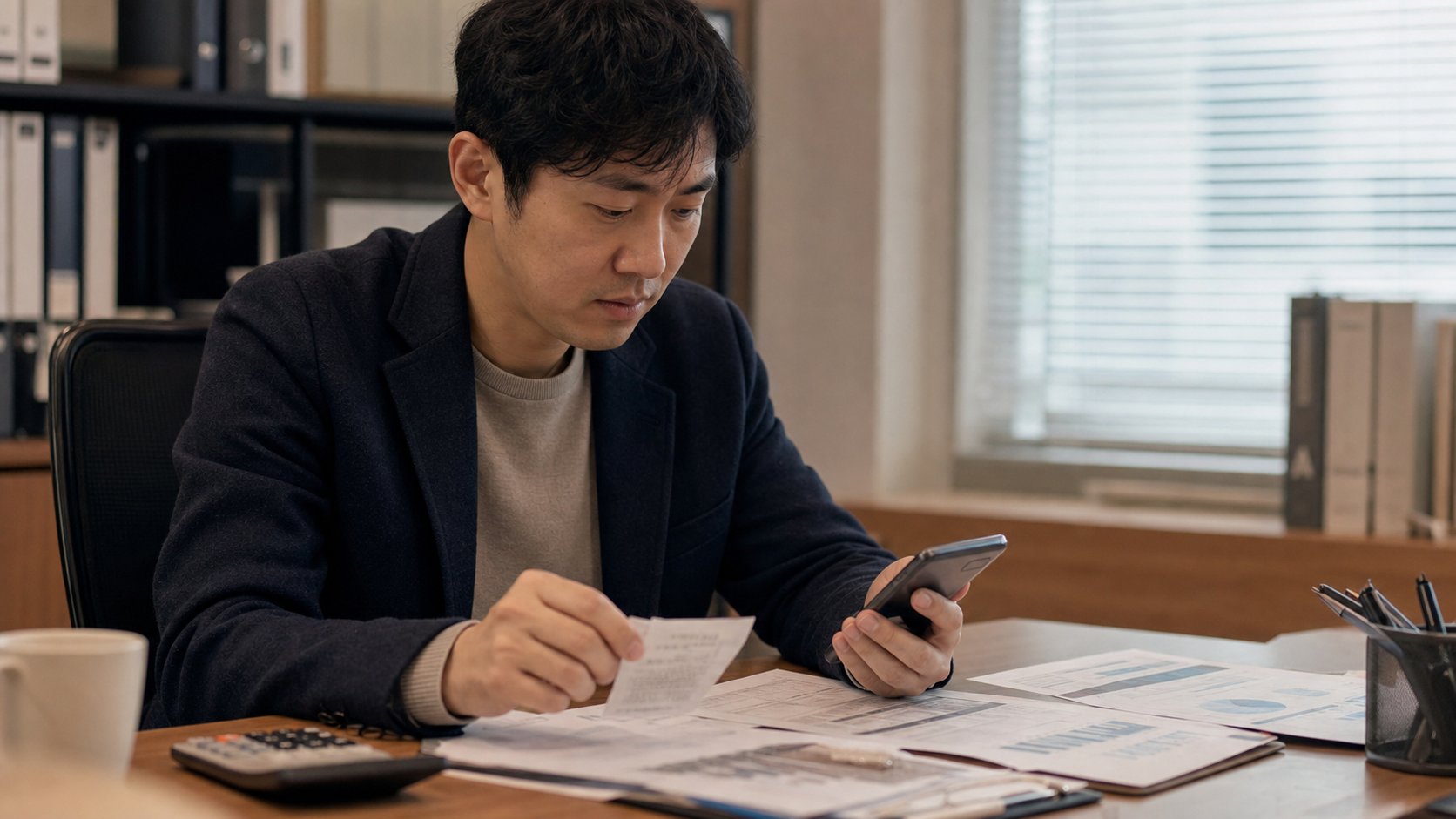 책상 위에 부고 문자 화면과 지출 결의서 카드전표가 놓여 있고 담당자가 검토하는 장면