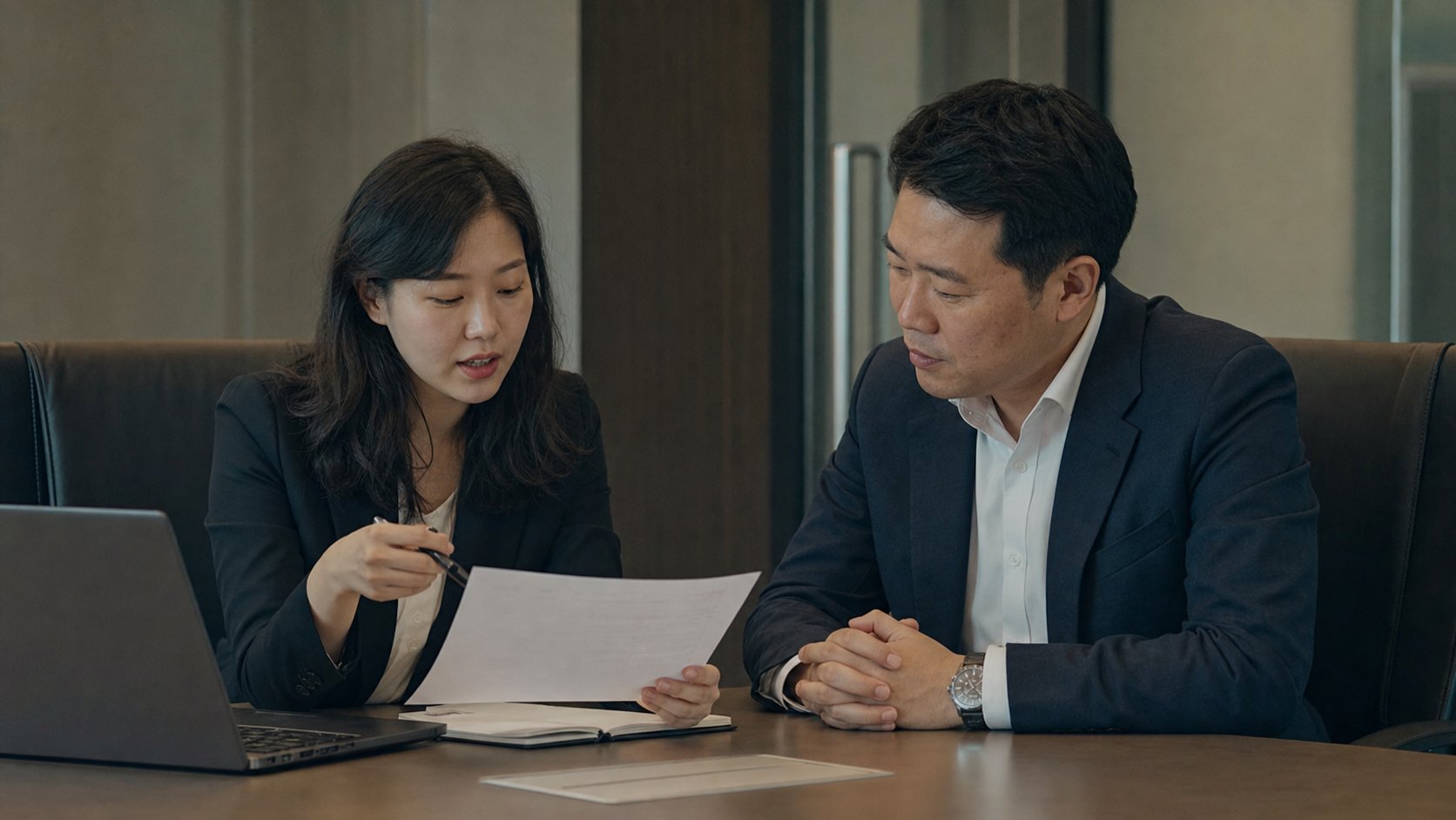 회계 담당자와 관리자가 경조비 처리 규정 문서를 함께 검토하며 상의하는 장면