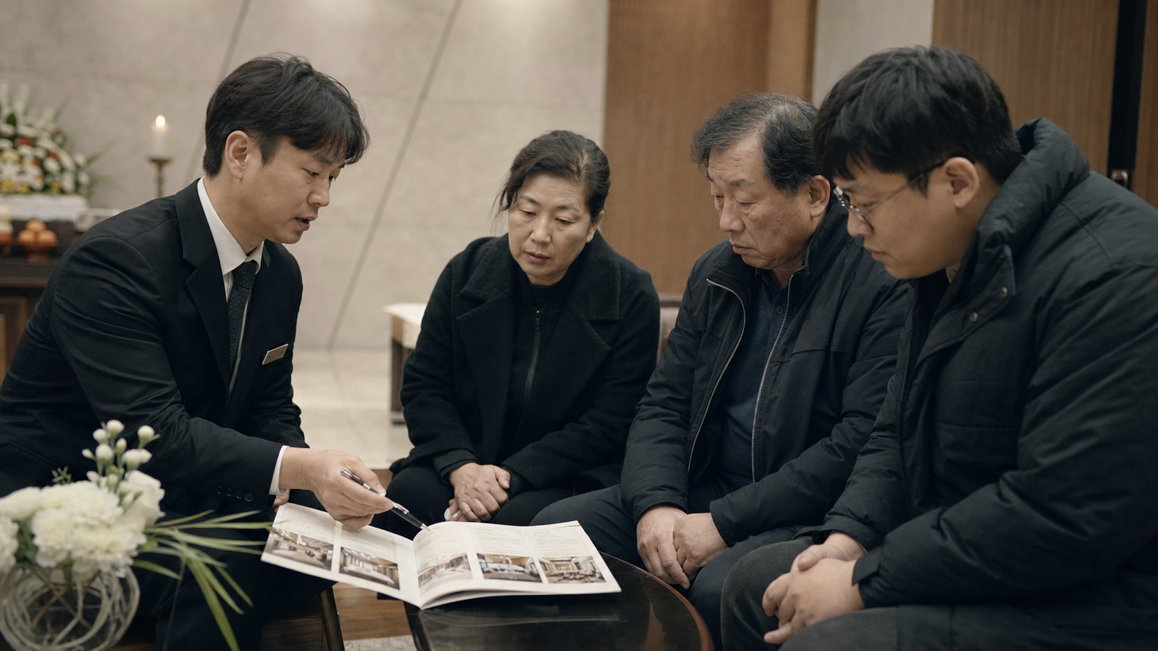 장례지도사가 유가족에게 빈소 사용료와 용품 안내 책자를 보여 주며 설명하는 장면